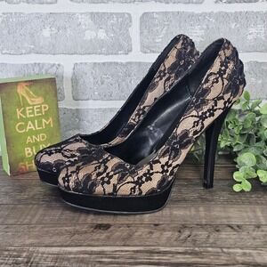 Call It Spring Womens 8.5 Black Lace Platform Heels Peep Toe Stiletto Pumps Sexy